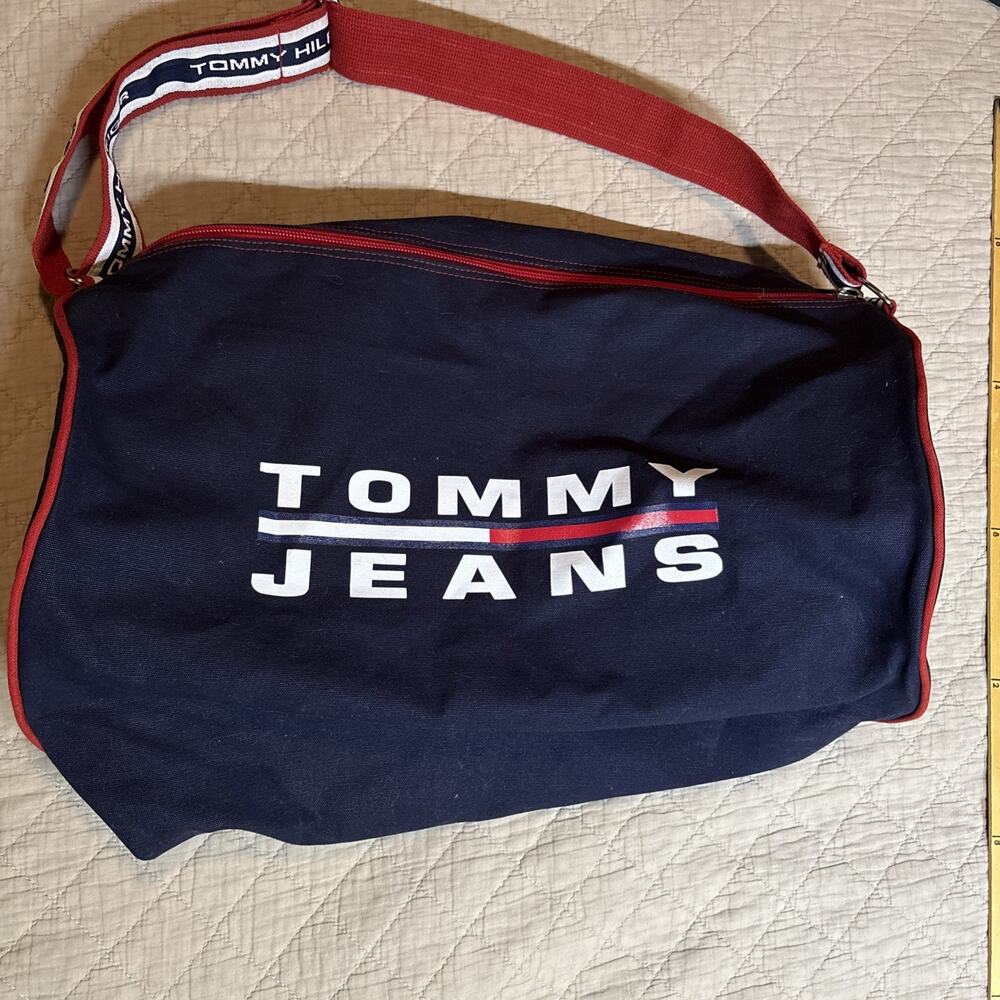Tommy Hilfiger Duffel Bag Blue Large 11” Flag Logo Travel Weekender Gym Vtg 90s